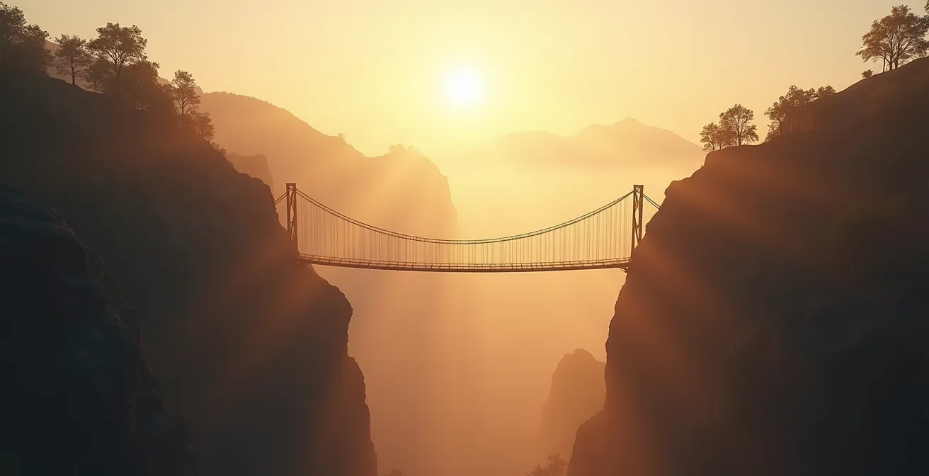 Imagen simbólica de un puente colgante representando la conexión entre energías opuestas