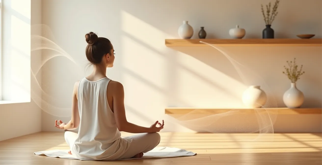 Persona meditando rodeada de ondas luminosas y aromas flotantes