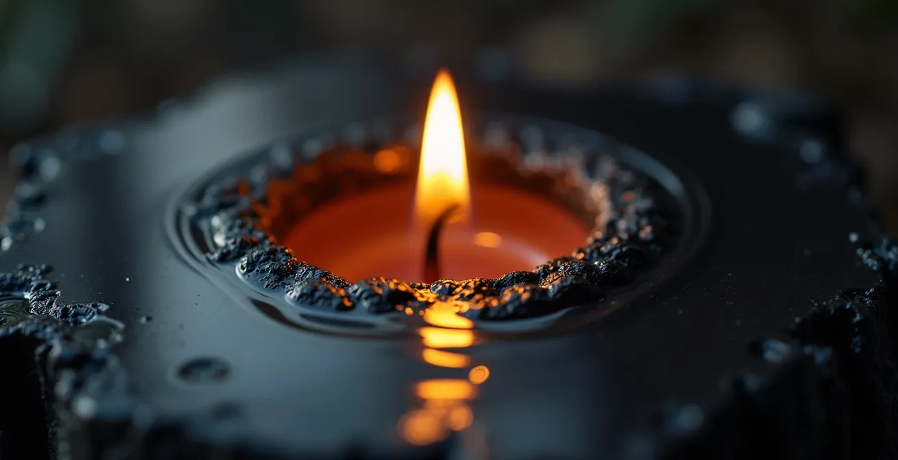 Detalle macro de luz de vela reflejándose en superficie cristalina para concentración visual