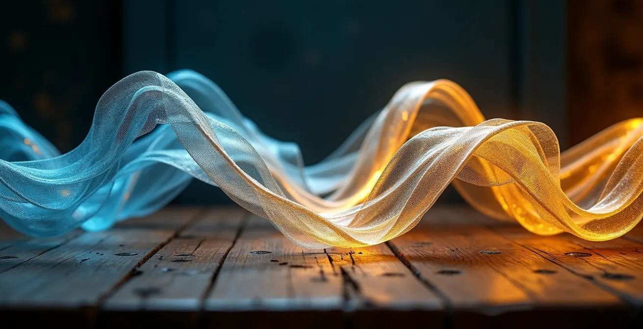 Ondas sonoras de diferentes colores y texturas representando frecuencias espirituales