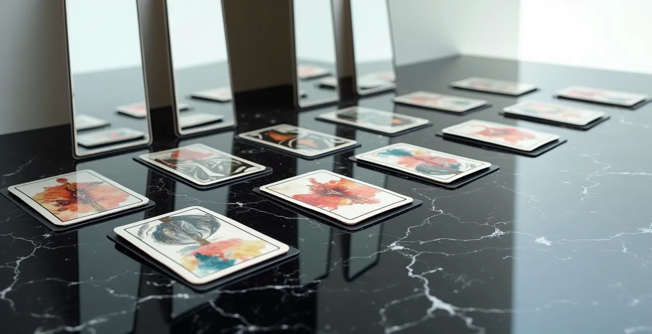 Superficie reflectante con múltiples ángulos mostrando cartas de tarot abstractas