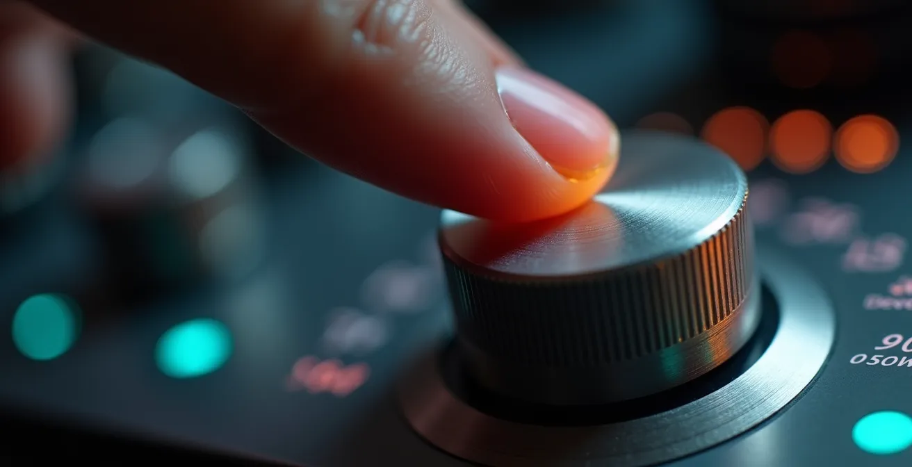Mano de una persona ajustando un dial analógico que en lugar de números tiene un gradiente de luz, simbolizando la regulación de la percepción psíquica.