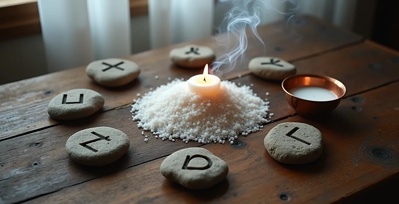 Runas de piedra dispuestas en círculo con elementos naturales alrededor