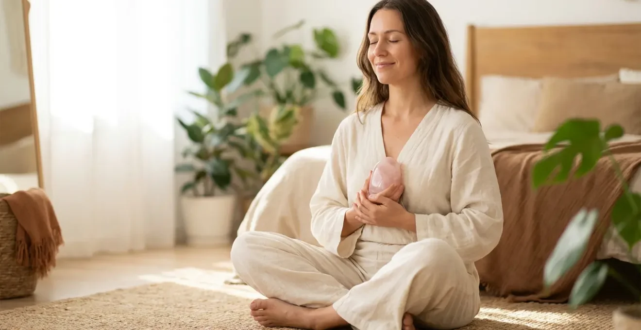 Mujer meditando con cuarzo rosa en las manos cerca del corazón