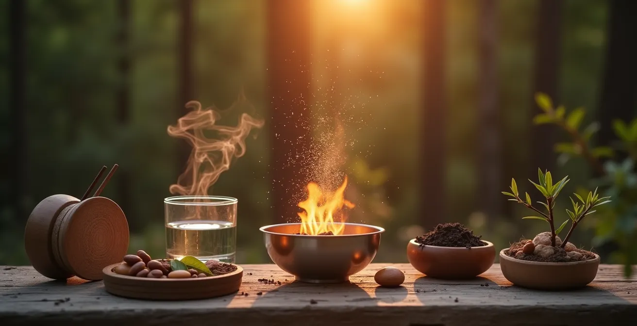 Manos liberando energía luminosa de talismán hacia los cuatro elementos naturales