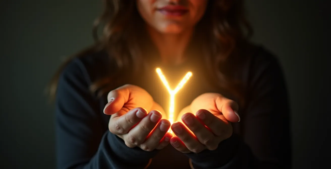 Runa Algiz brillando como escudo protector de luz dorada sobre persona meditando