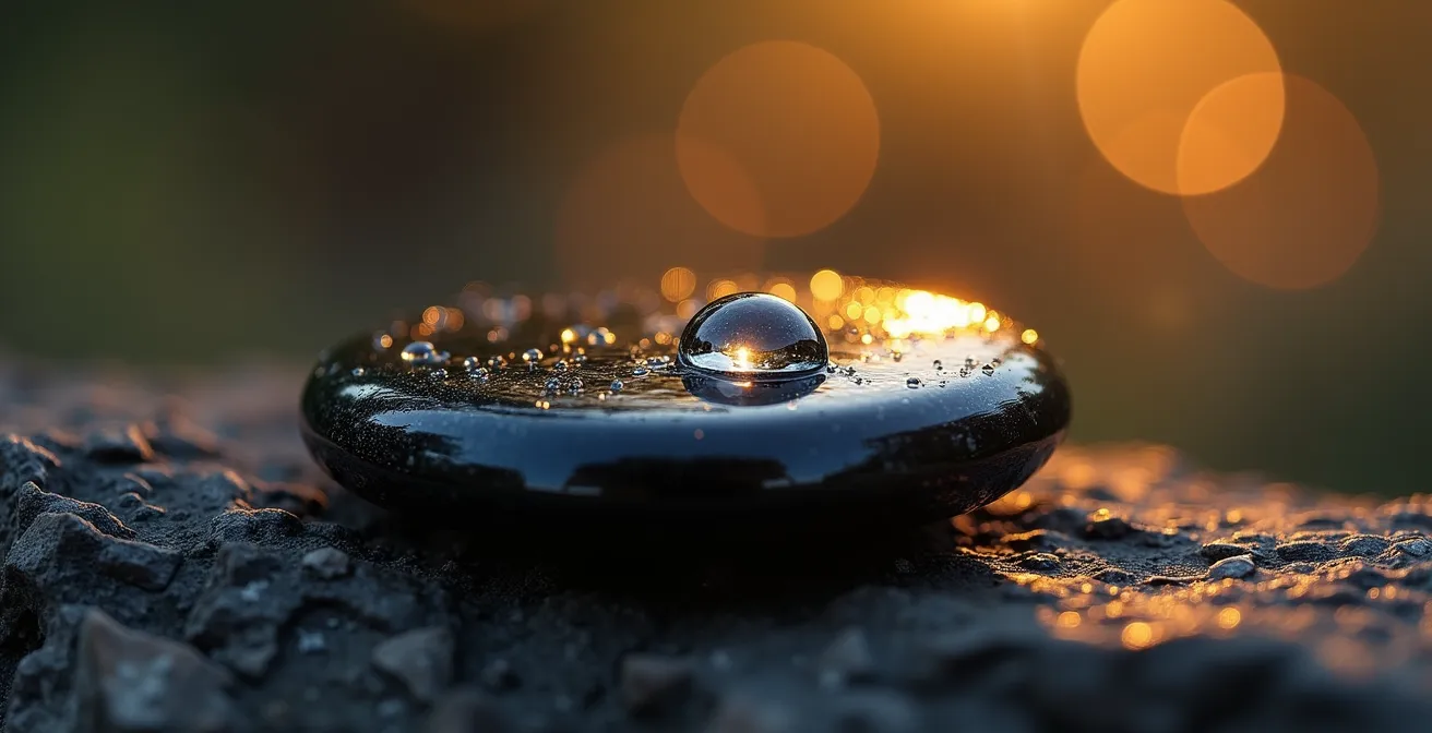 Detalle macro de una runa vacía de piedra negra pulida reflejando luz dorada