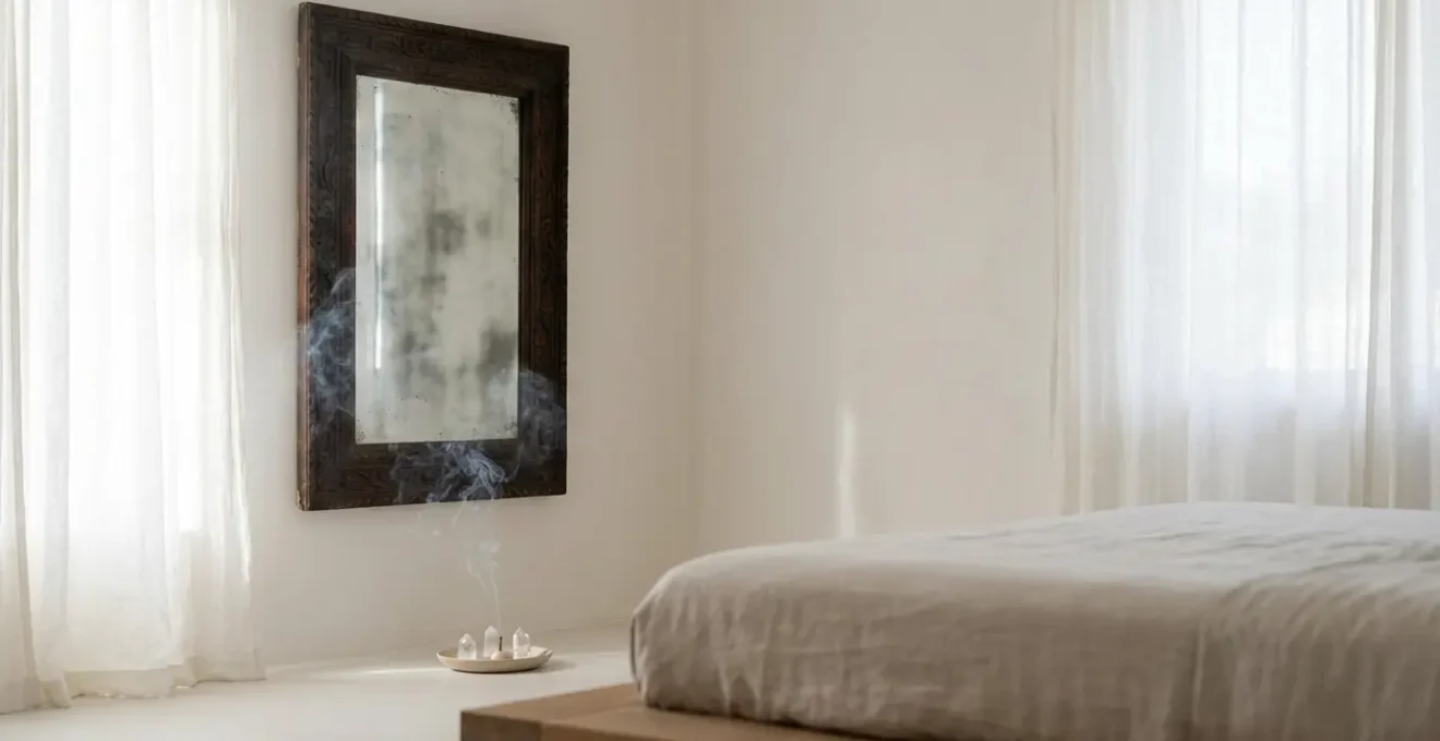 Espejo de dormitorio con símbolos de protección energética invisibles