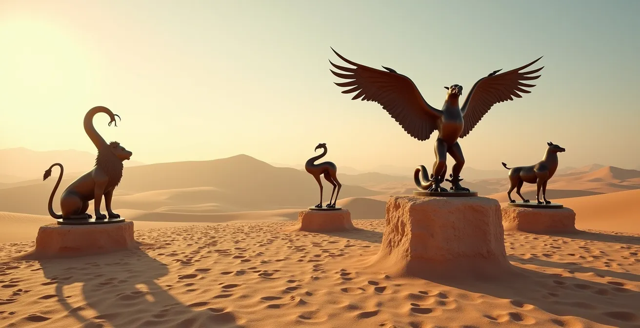 Composición artística mostrando la interacción simbólica entre animales míticos del tarot