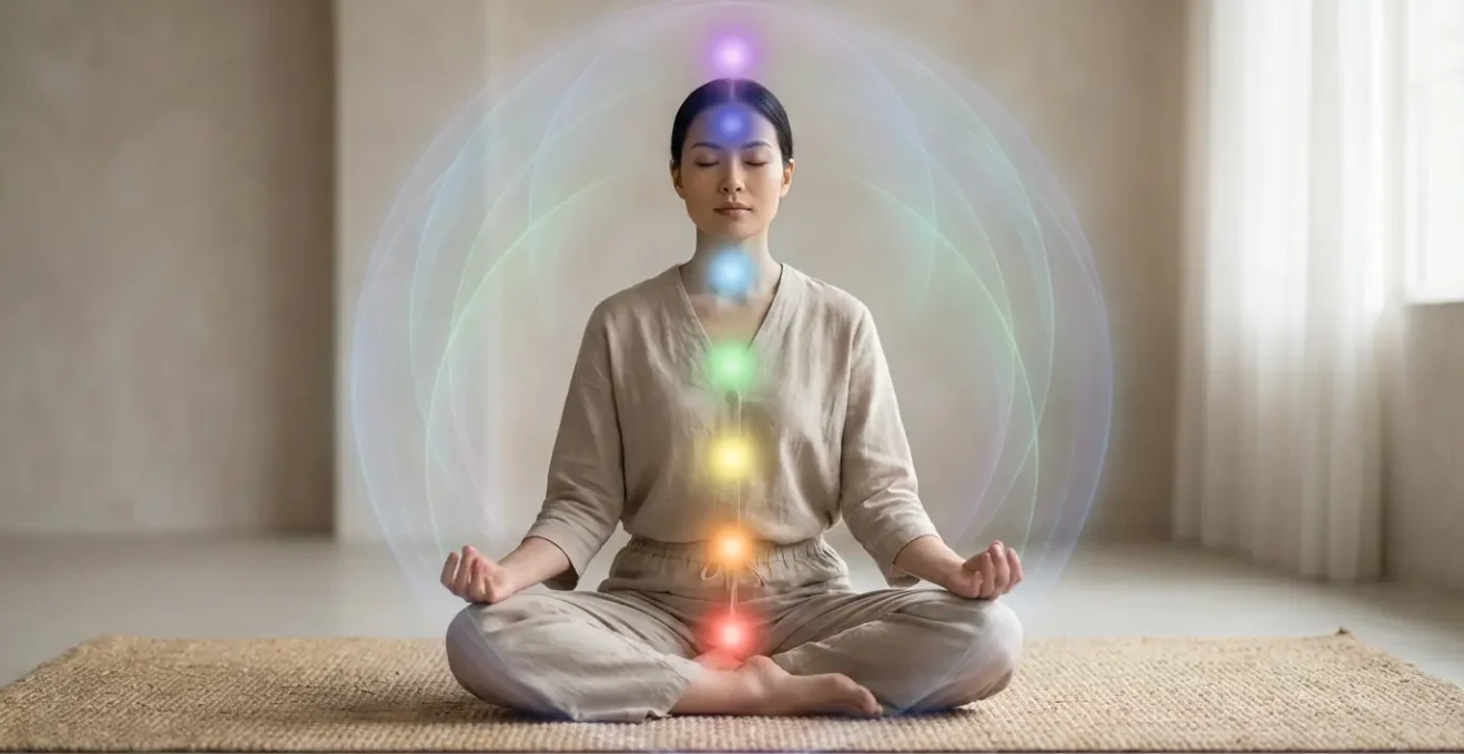Representación visual del sistema energético humano mostrando los chakras y campos áuricos en meditación