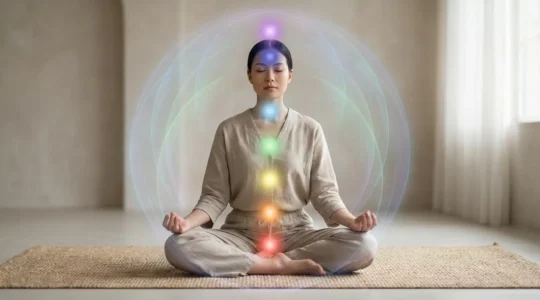 Representación visual del sistema energético humano mostrando los chakras y campos áuricos en meditación