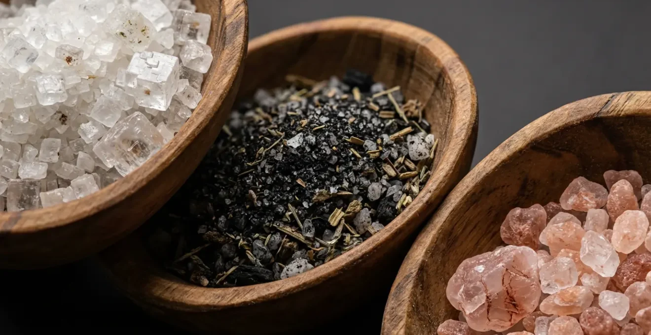 Diferentes tipos de sal dispuestos en cuencos para rituales de protección del hogar