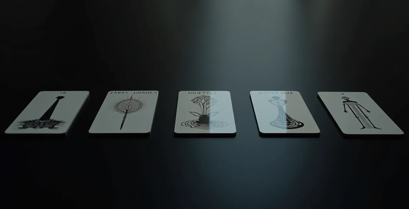 Dos líneas paralelas de cartas de tarot reflejándose como un espejo sobre superficie reflectante
