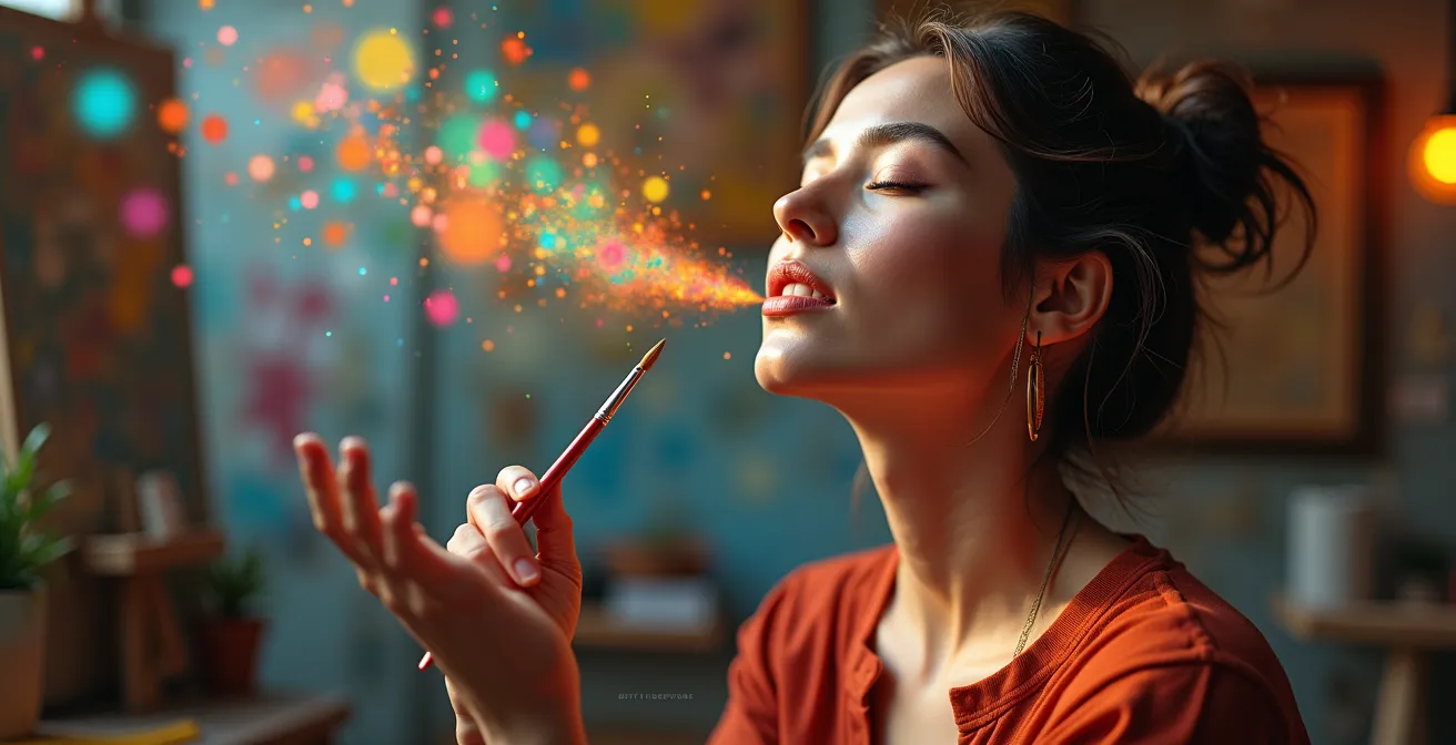 Artista con paleta de colores flotantes transformándose en melodías visuales