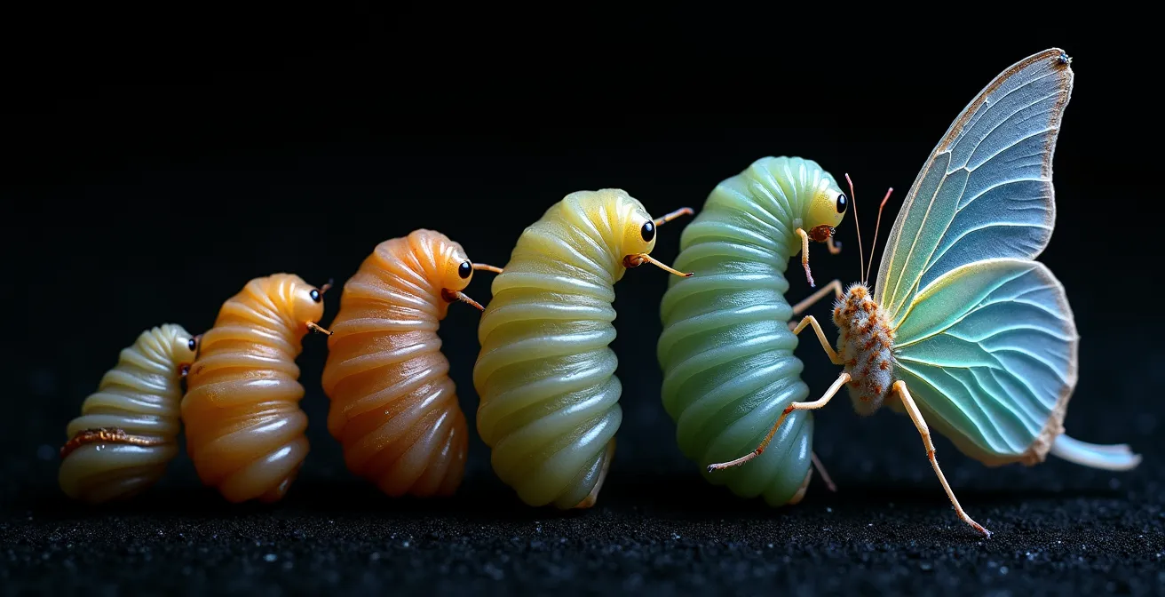 Composición artística mostrando fases de transformación de mariposa con elementos celestiales y ciclos lunares