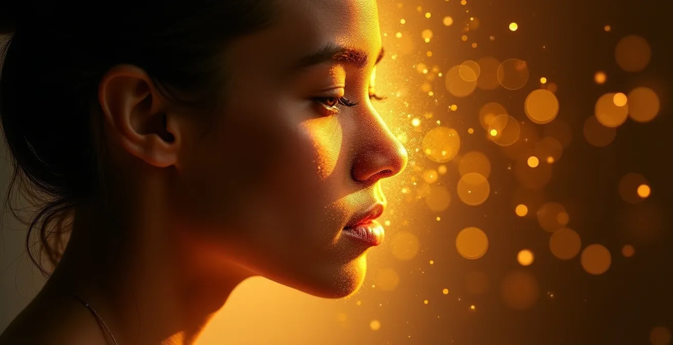 Transformación simbólica de sombras oscuras en luz dorada sanadora