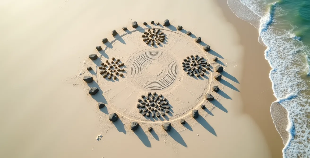Vista aérea minimalista de tres círculos de piedras rúnicas en formación triangular sobre arena