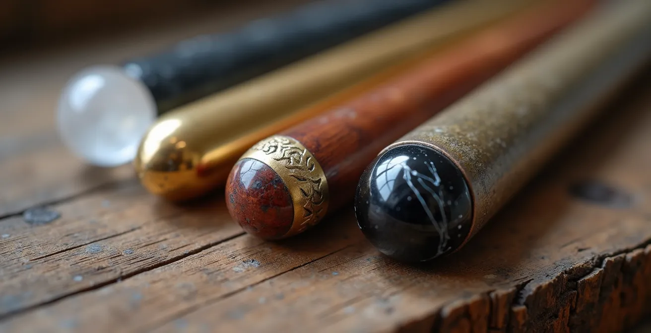 Colección de péndulos de diferentes materiales dispuestos sobre superficie de madera natural