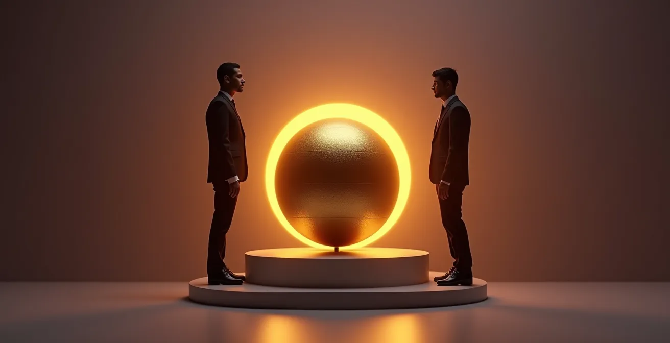Dos figuras en balance sobre una esfera dorada representando el equilibrio numérico